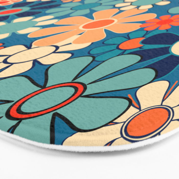 Groovy Blue Retro Garden 60s 70s Aesthetic Floral Pattern with Orange Bath Mat Gallery Image 3
