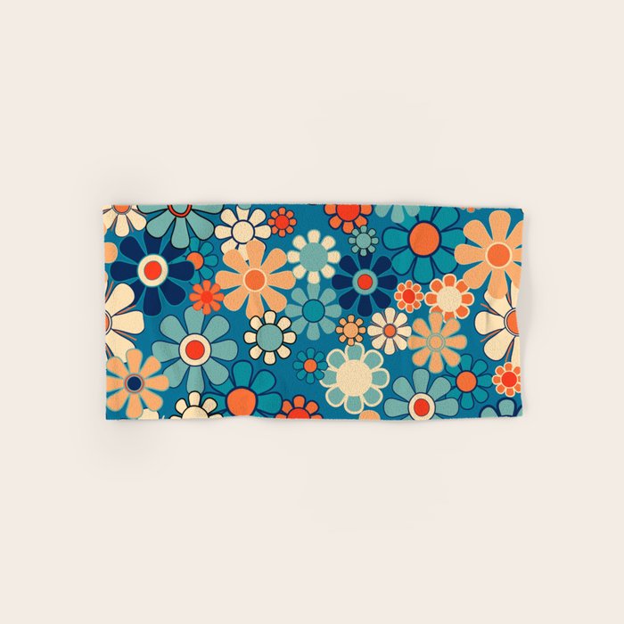 Groovy Blue Retro Garden 60s 70s Aesthetic Floral Pattern with Orange Bath Towel Gallery Image 1