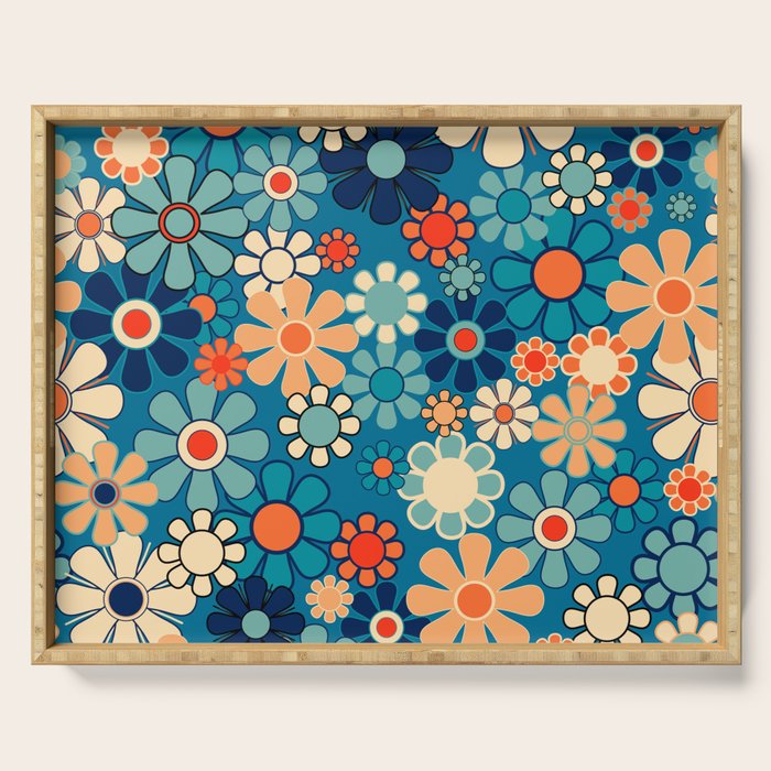 Groovy Blue Retro Garden 60s 70s Aesthetic Floral Pattern with Orange Serving Tray Gallery Image 1