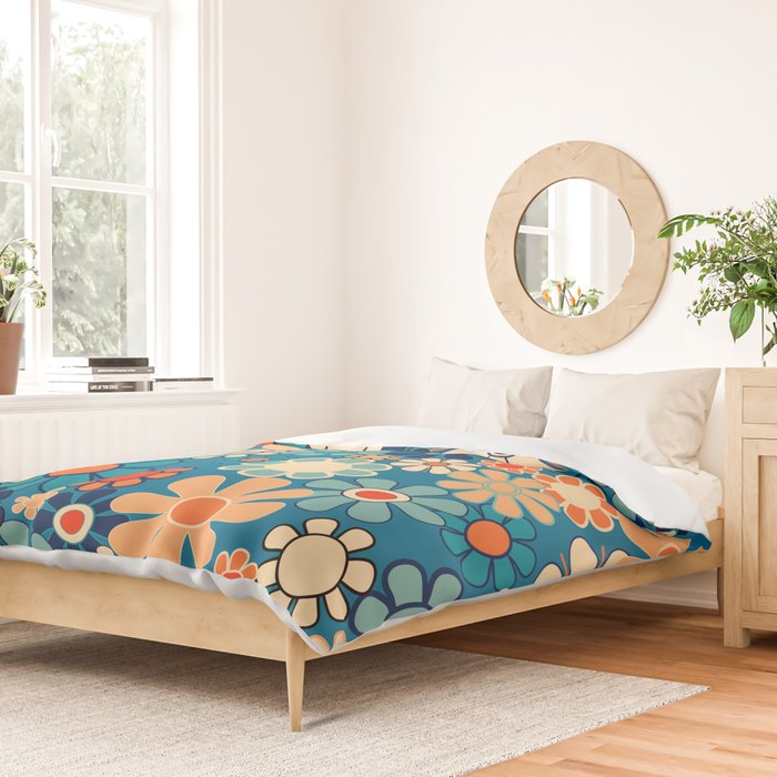 Groovy Blue Retro Garden 60s 70s Aesthetic Floral Pattern with Orange Duvet Cover Gallery Image 2