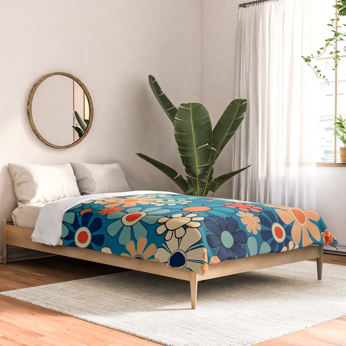 Groovy Blue Retro Garden 60s 70s Aesthetic Floral Pattern with Orange Comforter Gallery Image 2