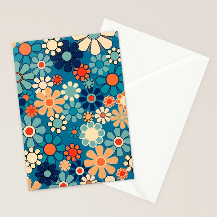 Groovy Blue Retro Garden 60s 70s Aesthetic Floral Pattern with Orange Stationery Card Gallery Image 2