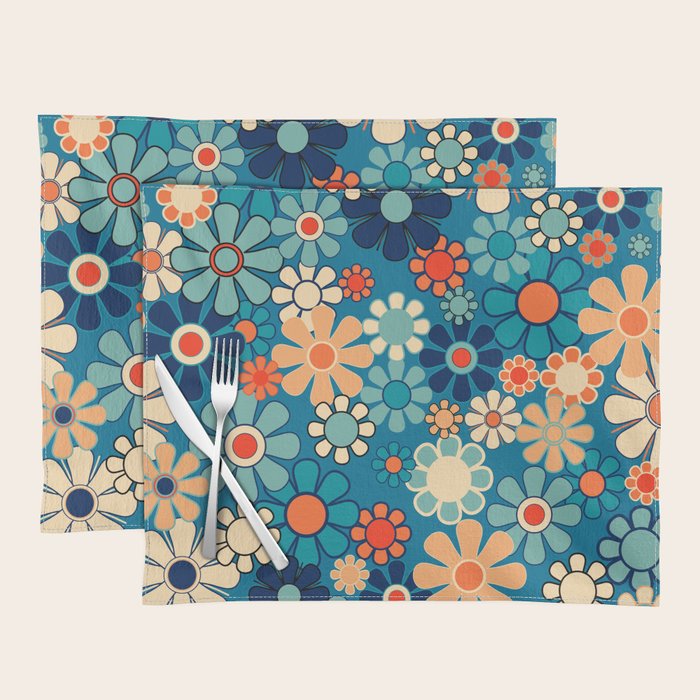 Groovy Blue Retro Garden 60s 70s Aesthetic Floral Pattern with Orange Placemat Gallery Image 1