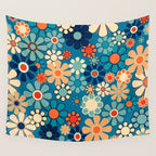 Groovy Blue Retro Garden 60s 70s Aesthetic Floral Pattern with Orange Wall Tapestry Gallery Image 4