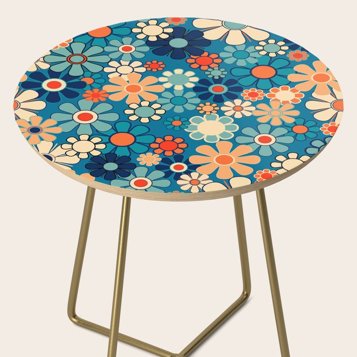Groovy Blue Retro Garden 60s 70s Aesthetic Floral Pattern with Orange Side Table Gallery Image 2