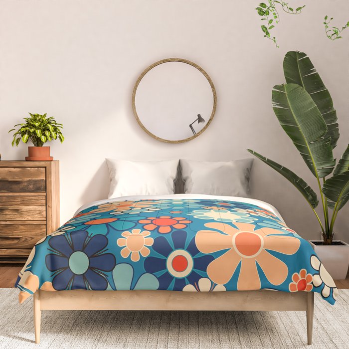 Groovy Blue Retro Garden 60s 70s Aesthetic Floral Pattern with Orange Comforter Gallery Image 3