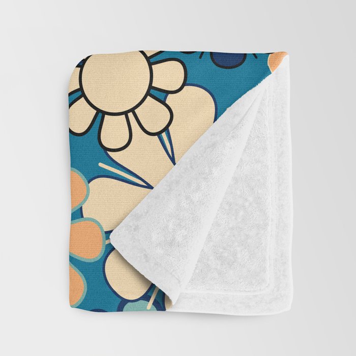 Groovy Blue Retro Garden 60s 70s Aesthetic Floral Pattern with Orange Throw Blanket Gallery Image 3