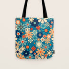 Groovy Blue Retro Garden 60s 70s Aesthetic Floral Pattern with Orange Tote Bag Gallery Image 1