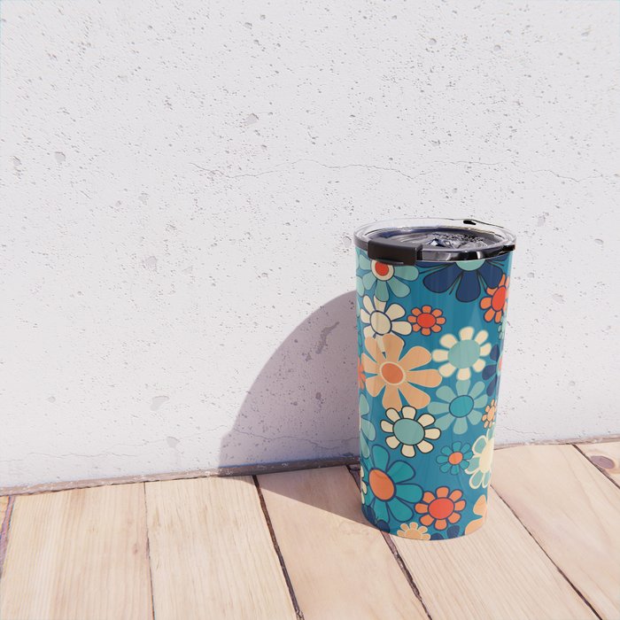 Groovy Blue Retro Garden 60s 70s Aesthetic Floral Pattern with Orange Travel Mug Gallery Image 4