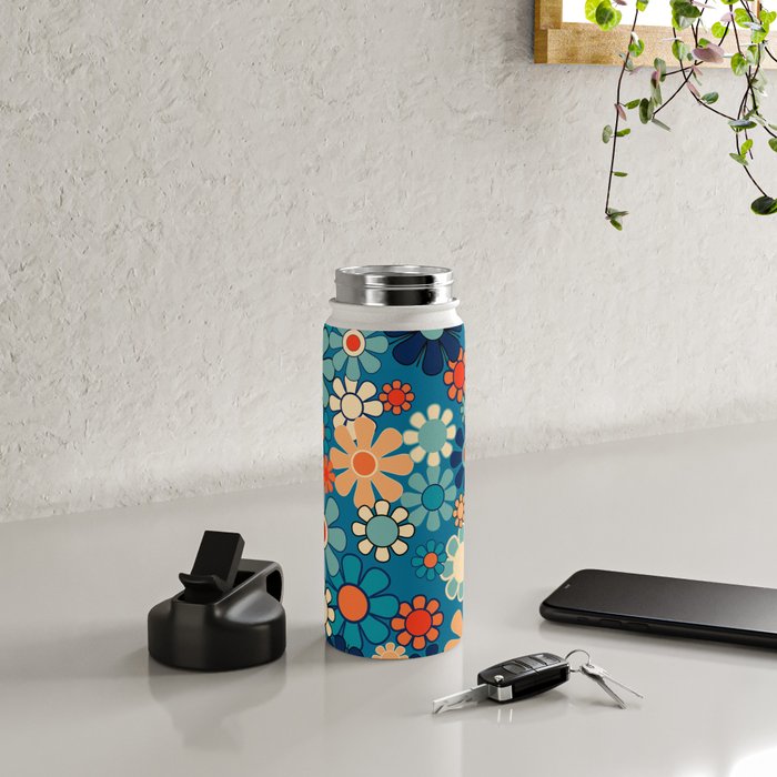 Groovy Blue Retro Garden 60s 70s Aesthetic Floral Pattern with Orange Water Bottle Gallery Image 4