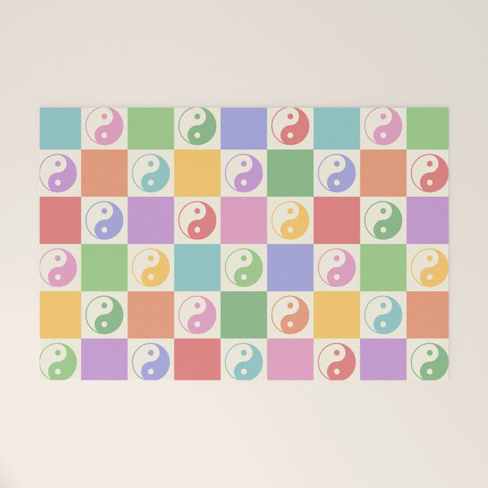 Colorful Yin Yang Checkered Pattern Welcome Mat Gallery Image 1