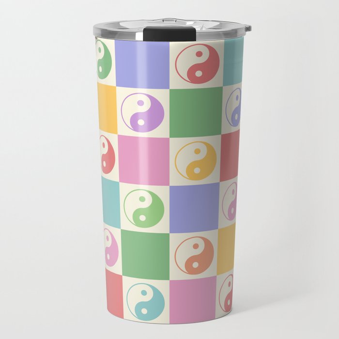 Colorful Yin Yang Checkered Pattern Travel Mug Gallery Image 1