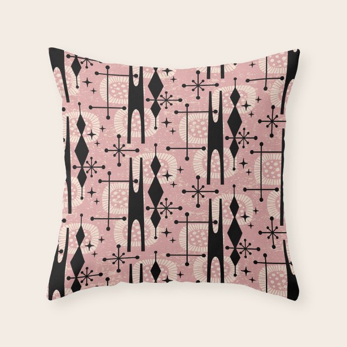 Retro Atomic Mid Century Pattern 771 Dusty Rose Throw Pillow Gallery Image 1