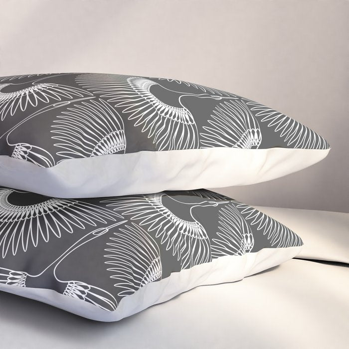 Japanese Crane Ornate Art Deco Dark Monochrome Pattern II Pillow Sham Gallery Image 3