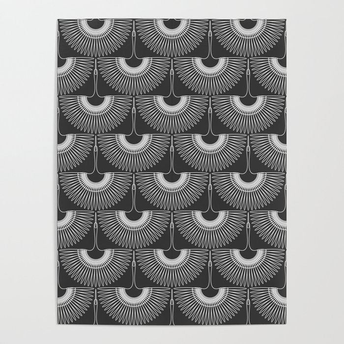 Japanese Crane Ornate Art Deco Dark Monochrome Pattern II Poster Gallery Image 4
