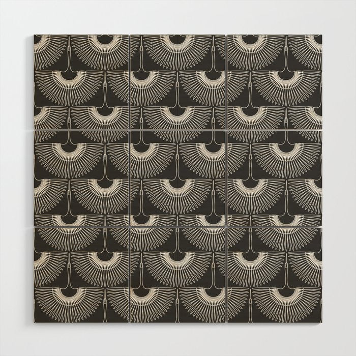 Japanese Crane Ornate Art Deco Dark Monochrome Pattern II Wood Wall Art Gallery Image 1