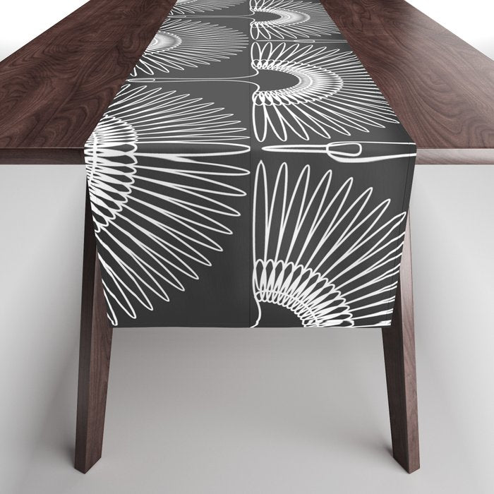 Japanese Crane Ornate Art Deco Dark Monochrome Pattern II Table Runner Gallery Image 1