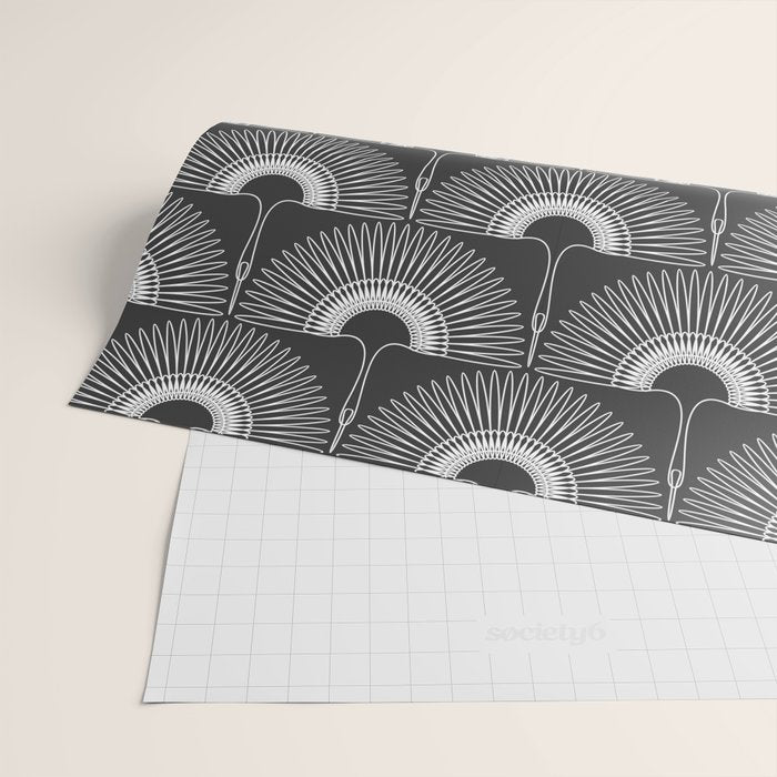 Japanese Crane Ornate Art Deco Dark Monochrome Pattern II Wrapping Paper Gallery Image 2
