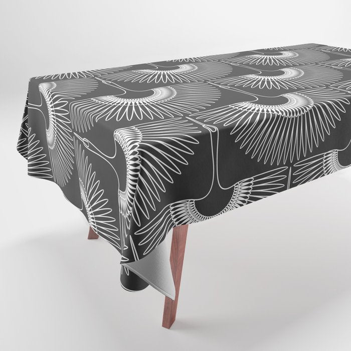 Japanese Crane Ornate Art Deco Dark Monochrome Pattern II Tablecloth Gallery Image 1