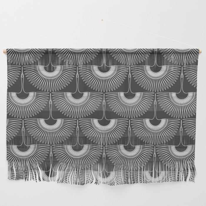 Japanese Crane Ornate Art Deco Dark Monochrome Pattern II Wall Hanging Gallery Image 1