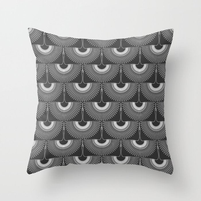 Japanese Crane Ornate Art Deco Dark Monochrome Pattern II Throw Pillow Gallery Image 6