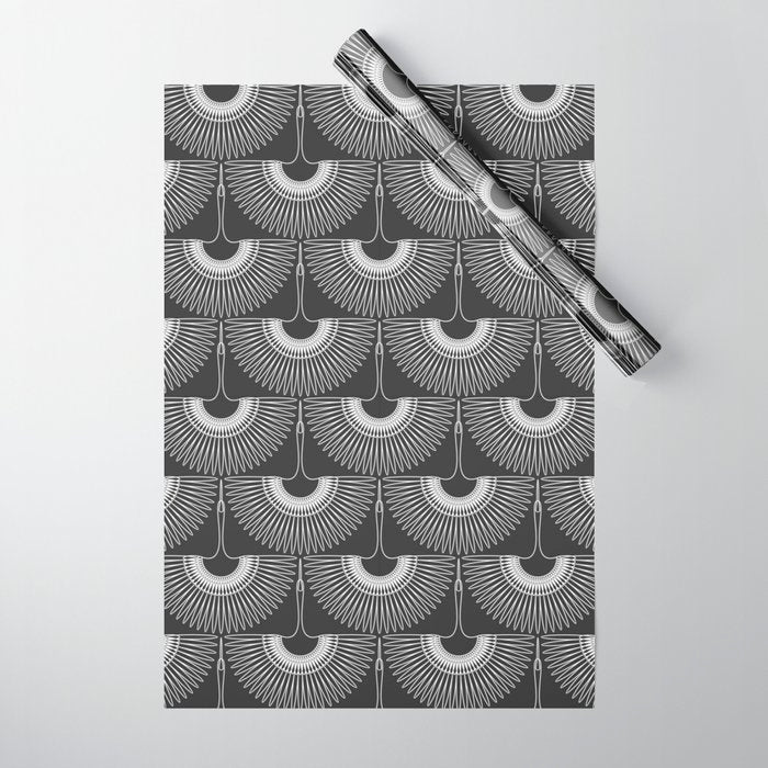Japanese Crane Ornate Art Deco Dark Monochrome Pattern II Wrapping Paper Gallery Image 1
