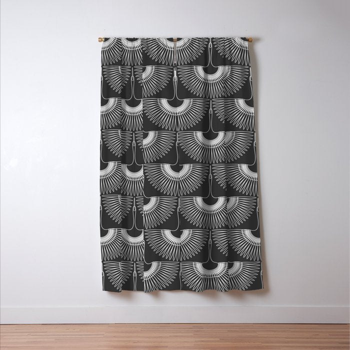 Japanese Crane Ornate Art Deco Dark Monochrome Pattern II Window Curtain Gallery Image 3
