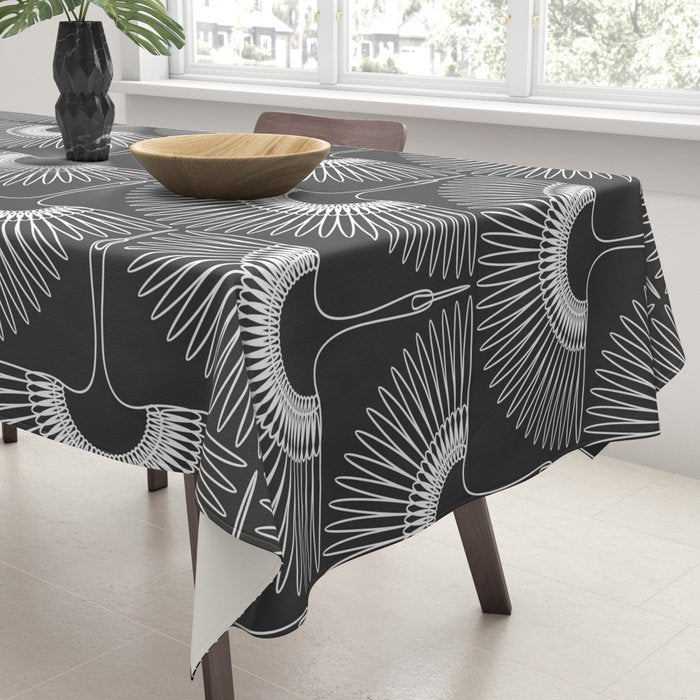 Japanese Crane Ornate Art Deco Dark Monochrome Pattern II Tablecloth Gallery Image 3
