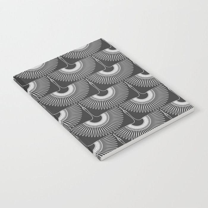 Japanese Crane Ornate Art Deco Dark Monochrome Pattern II Notebook Gallery Image 1