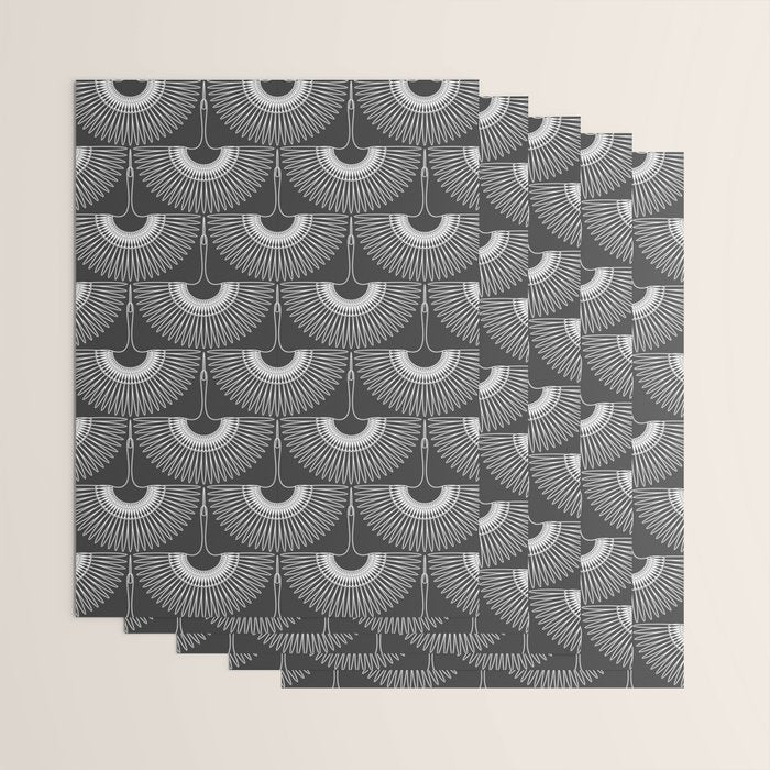 Japanese Crane Ornate Art Deco Dark Monochrome Pattern II Wrapping Paper Gallery Image 3