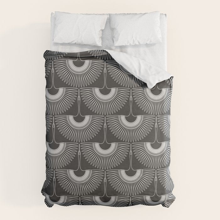 Japanese Crane Ornate Art Deco Dark Monochrome Pattern II Duvet Cover Gallery Image 6