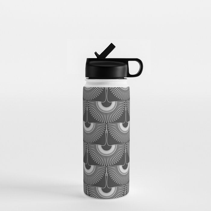 Japanese Crane Ornate Art Deco Dark Monochrome Pattern II Water Bottle Gallery Image 1