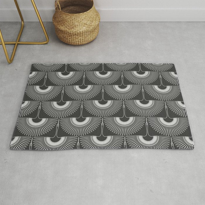 Japanese Crane Ornate Art Deco Dark Monochrome Pattern II Rug Gallery Image 1