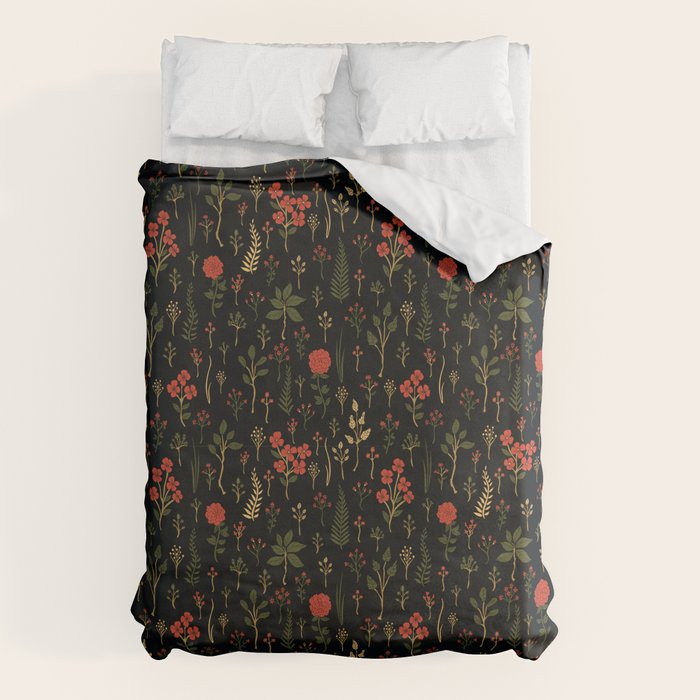 Green, Red-Orange, and Black Floral/Botanical Print Duvet Cover Gallery Image 6