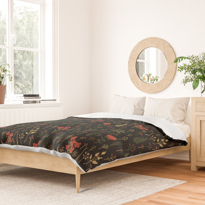 Green, Red-Orange, and Black Floral/Botanical Print Duvet Cover Gallery Image 2