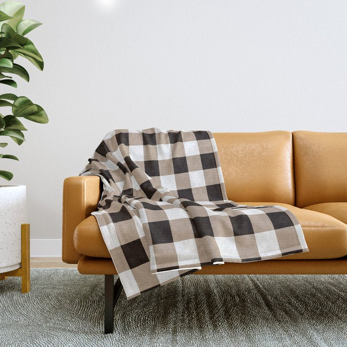 Gingham Large Tan Black White Throw Blanket Gallery Image 1