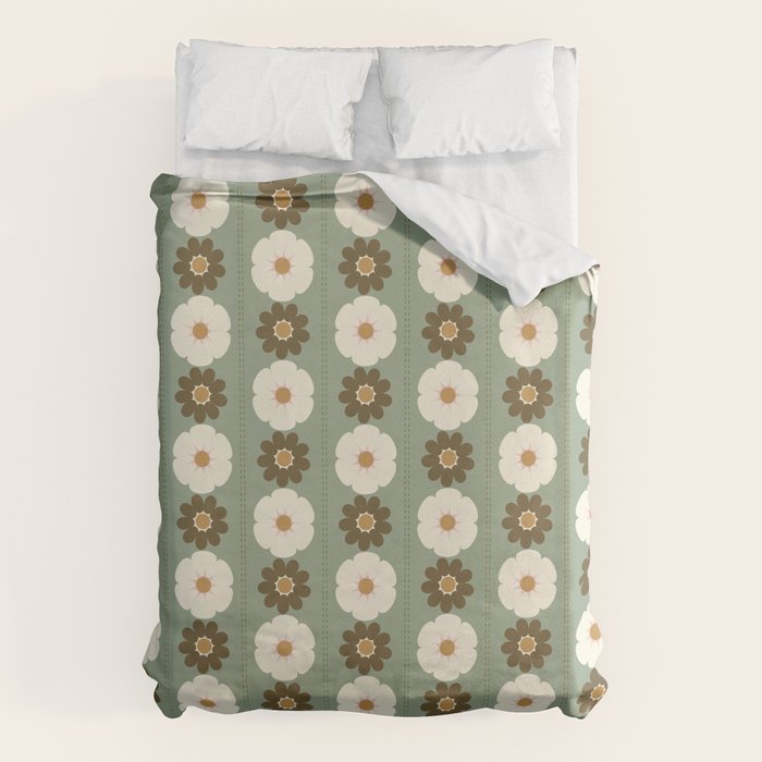 Retro floral pattern, 60s, 70s, style, in sage green Duvet Cover Gallery Image 6