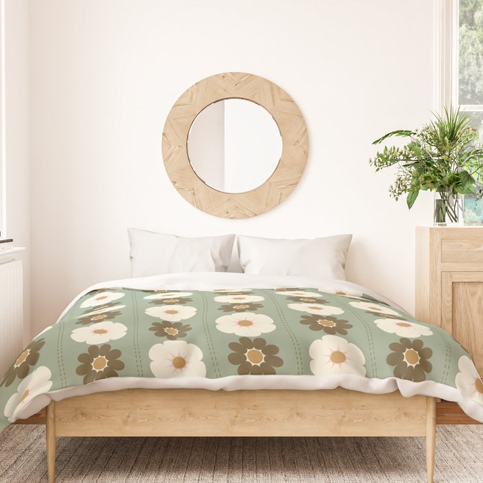 Retro floral pattern, 60s, 70s, style, in sage green Duvet Cover Gallery Image 3