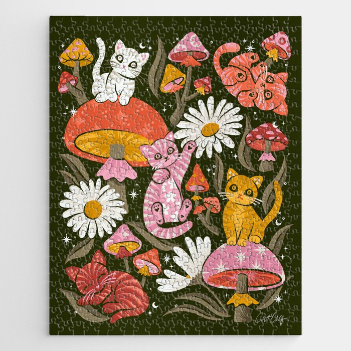 Kittens & Shrooms - Pink & Coral on Olive Jigsaw Puzzle Gallery Image 1