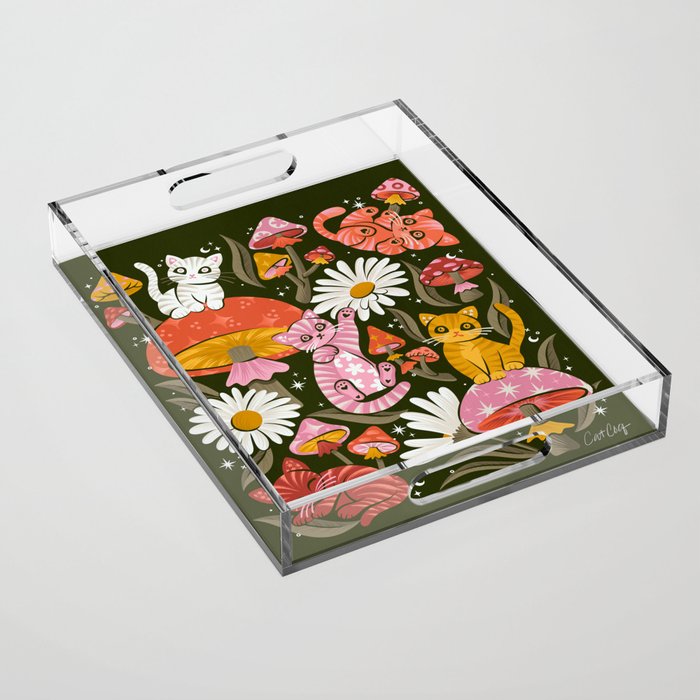 Kittens & Shrooms - Pink & Coral on Olive Acrylic Tray Gallery Image 1