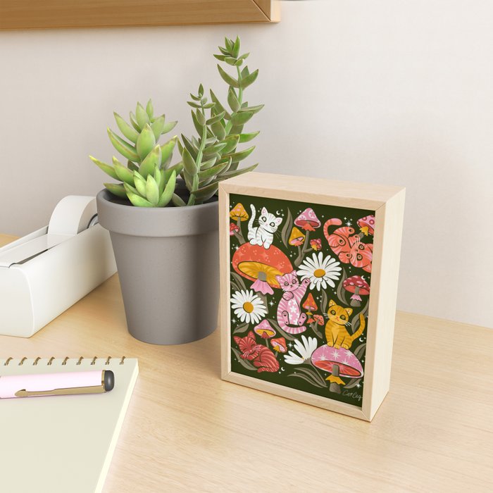 Kittens & Shrooms - Pink & Coral on Olive Mini Art Print Gallery Image 2