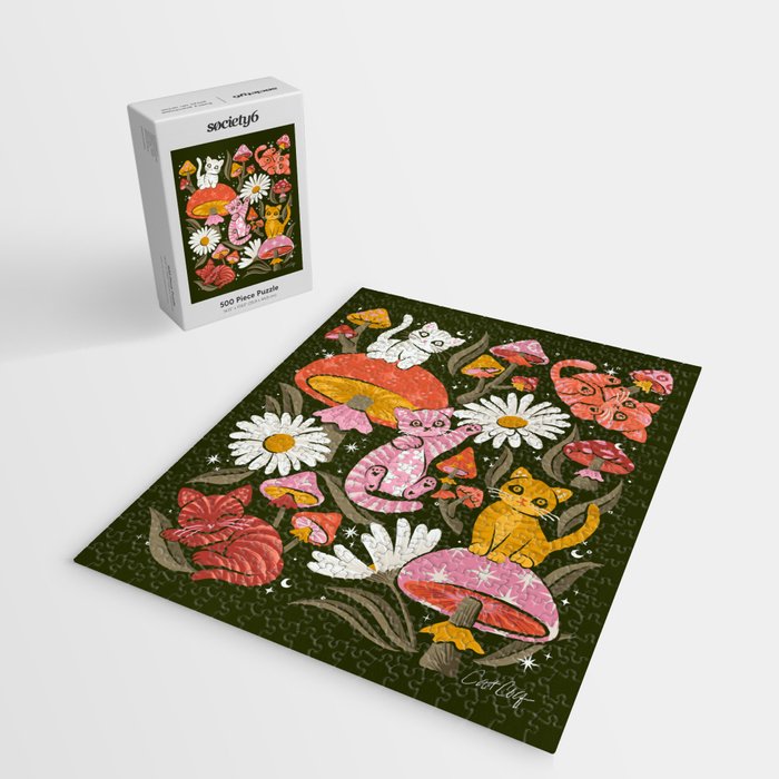Kittens & Shrooms - Pink & Coral on Olive Jigsaw Puzzle Gallery Image 2
