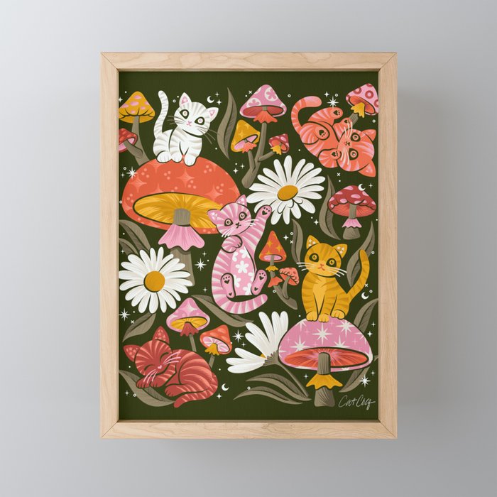 Kittens & Shrooms - Pink & Coral on Olive Mini Art Print Gallery Image 1