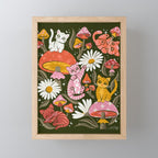 Kittens & Shrooms - Pink & Coral on Olive Mini Art Print Gallery Image 1