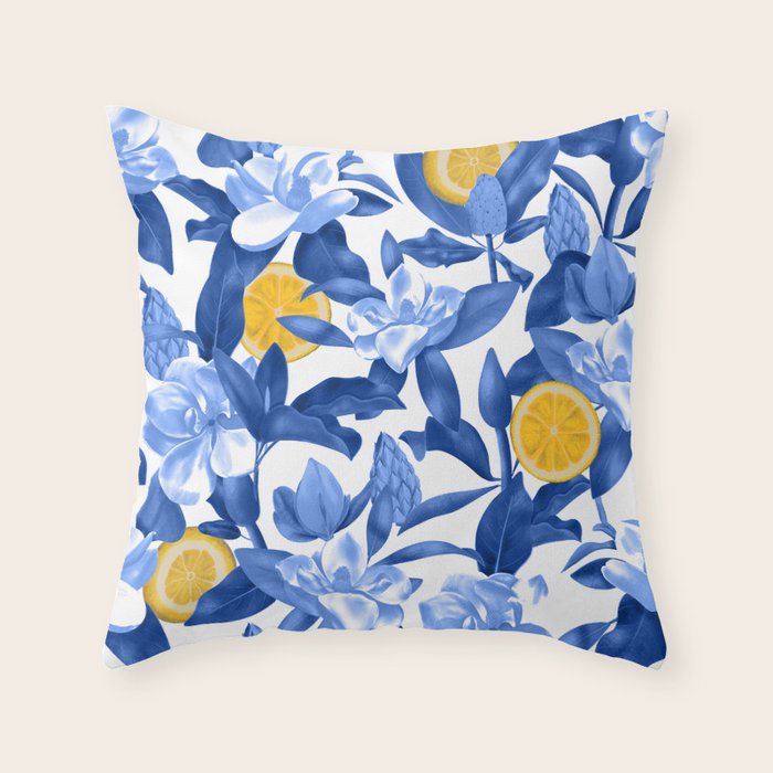 Porcelain Magnolias Flowers and Lemons Throw Pillow Gallery Image 1