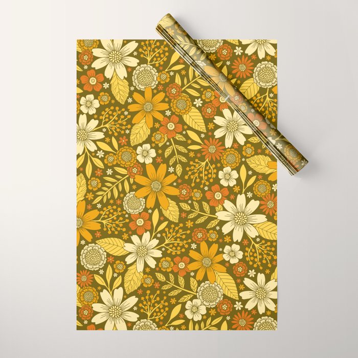 1970s Retro Flowers Pattern in Yellow, Orange & Olive Green Wrapping Paper Gallery Image 1