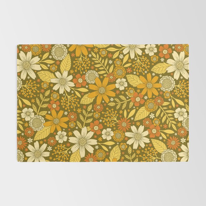 1970s Retro Flowers Pattern in Yellow, Orange & Olive Green Rug Gallery Image 2