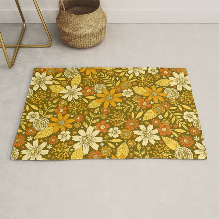 1970s Retro Flowers Pattern in Yellow, Orange & Olive Green Rug Gallery Image 1