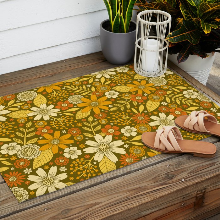 1970s Retro Flowers Pattern in Yellow, Orange & Olive Green Outdoor Rug Gallery Image 2