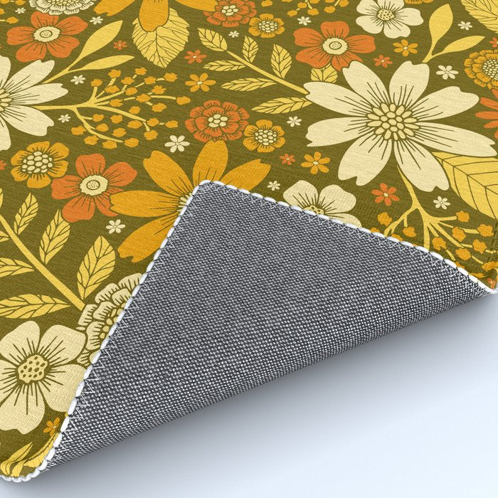 1970s Retro Flowers Pattern in Yellow, Orange & Olive Green Rug Gallery Image 4